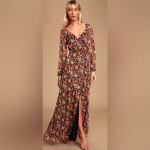Lulus True to Love Black and Red Floral Print Chiffon Wrap Maxi Dress XS NWOT